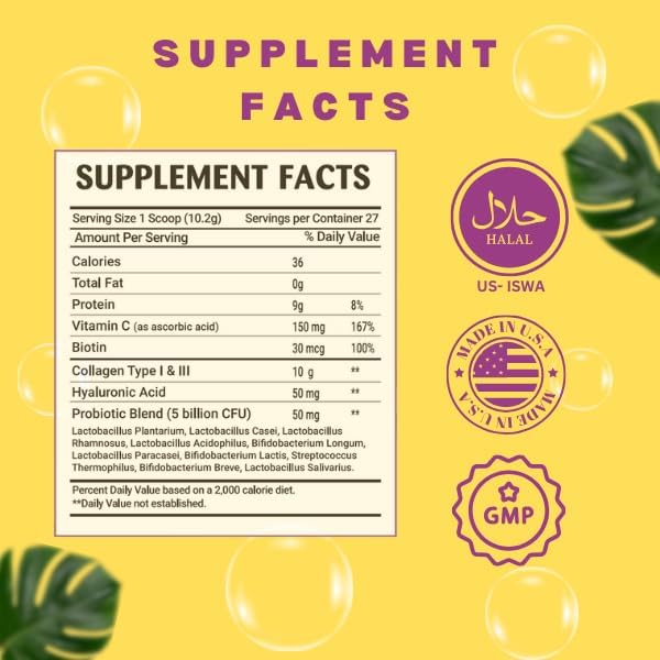 Miniatura 6 de Greenfield Nutritions - Polvo de péptidos de colágeno halal  0.32 oz de proteína halal probiótico, biotina, ácido hialurónico y vitamina C  9.52 oz