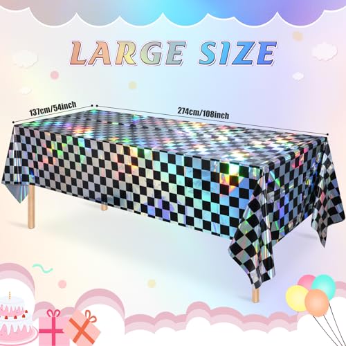 Image of 6Pack Black and Iridescent Checkered Plastic Tablecloth, Shiny Disposable Laser Rectangle Table Covers, Holographic Foil Tablecloth Iridescent Party Decorations for Picnic Camping Race Car, 54x108Inch