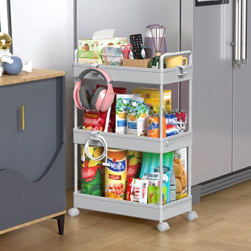Image of SOLEJAZZ 3 Tier Slim Rolling Storage Cart Organizer with Wheels, Gray | Utility cart for bathroom, laundry, bedside, dorm&narrow spaces. Fits craft, nail, makeup, snack, art, diaper&baby essentials