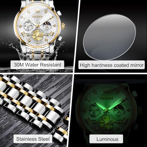 Image of OLEVS Men Watches Stainless Steel Chronograph Watch, Large Wrist Analog Quartz Watch, Fashion Waterproof Diamond Roman Numerals Dress Watches for Men, Gold /Black /White /Blue /Grey Dial