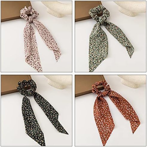 Pleenild 5 Pcs Hair Scarf Scrunchies Bowknot Ponytail Chiffon Hair Scrunchies Chiffon Vintage Flower Pattern Holder Scrunchy Hair Ties for Women Girls Hair Accessories, Multicolor