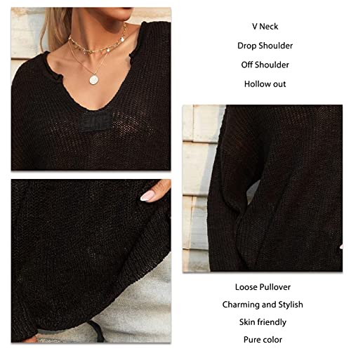 Suéter Ombro de Fora, Suéter Feminino de Manga Comprida Com Decote Em V de Cor Pura para As Férias (