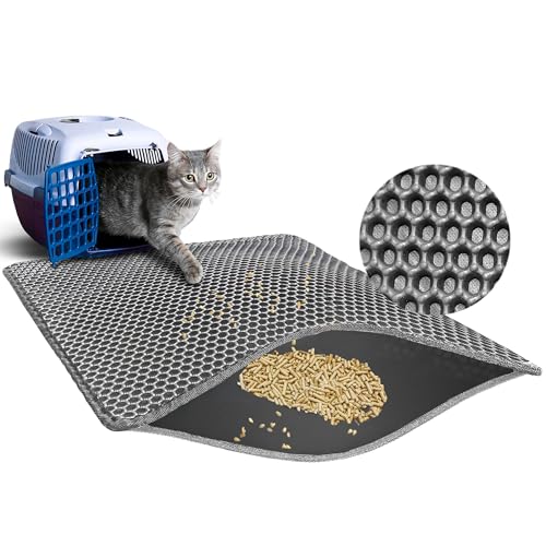 MARTINFORCE - Alfombra Arenero Gato 60 * 40cm - Material EVA Libre de BPA, Doble Capa, Impermeable, Cuadrados en Forma de Panal, Alfombra Gatos Arenero, Fácil de Limpiar, Color Gris