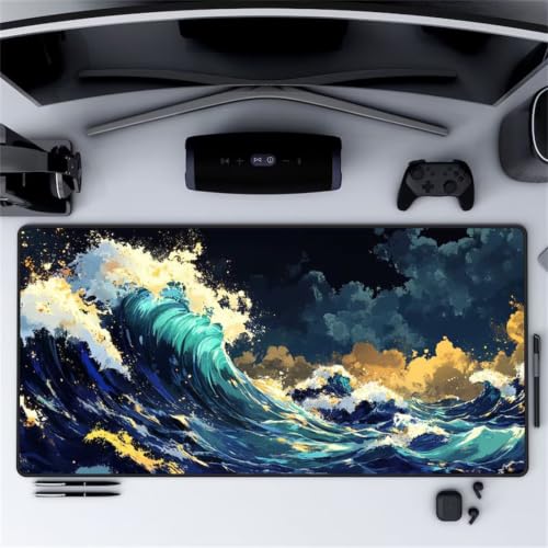 Tapis de souris de jeu XXL vagues bleues grand tapis de souris gaming bureau