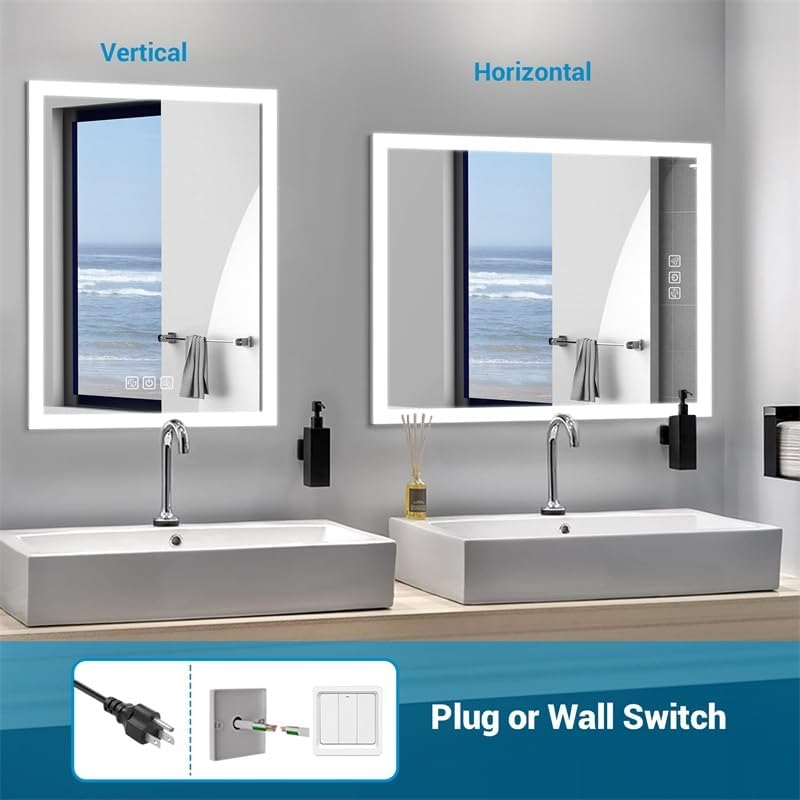 48 36 Inches Led Bathroom Mirror with Front Light, Dimmable 3 Color Lighted Vanity Mirror for Wall, Rapid Defogging Silver Mirror, Full Hd Reflection Shatterproof Glass for Bathroom Bedroom
