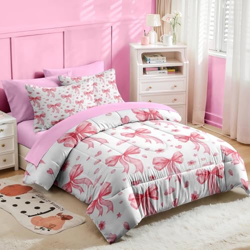 Image of Nesker Bow Comforter Set Twin Size, 5 Pieces Bed in a Bag, Pink Bow Bedding Set for Girls, Romantic Heart Comforter Set with 1 Pillowcase & 1 Sham