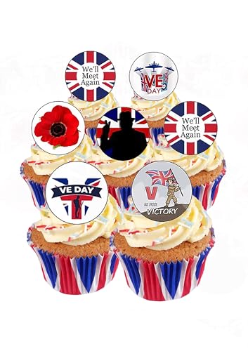 24 Precut Round VE Day Victory World War Commemorative Tribute Edible Wafer paper Cake Toppers Decorations
