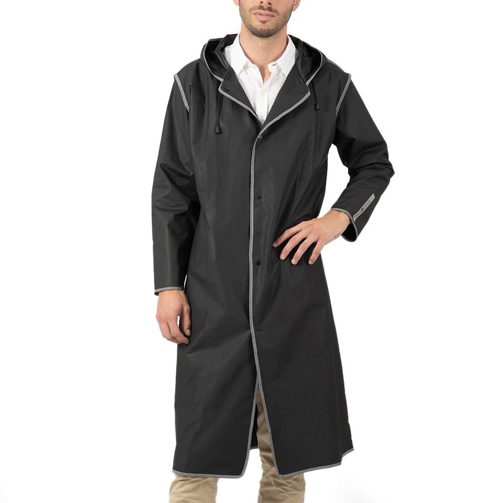 PERLETTI Chubasquero Hombre Mujer Ligero y Reutilizable - Impermeable Hombre Mujer Resistente al Agua - Ropa de Agua Impermeable Detalles Reflectantes Capucha Botones (L, Negro con Borde Reflectante)