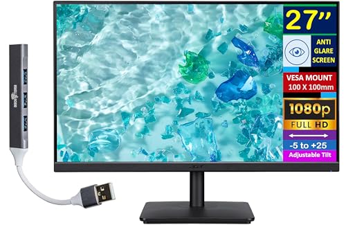 Image of Acer 27 inch FHD IPS Monitor with 4ms Response Time, Anti Glare, VESA Mount (100 x 100mm), HDMI, VGA & Dockztorm USB Port Expander, Black Color