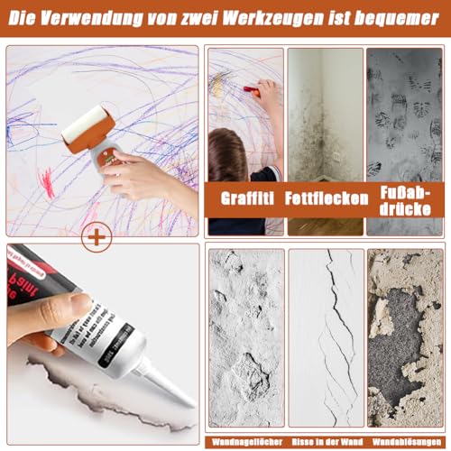 shile 500g Wandfarbe Ausbessern Grau,Wandreparaturroller Farbe,2 in 1 Wandreparatur RollbüRste,Wandreparatur Rollbürste mit Wandreparaturpaste für Küche,Schlafzimmer,Wohnzimmer und Spielzimmer