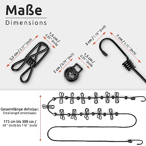 ECENCE Set de 2 Tendedero Portátil para Camping con Pinzas - Tendedero de Viaje Extensible para Exteriores - Negro