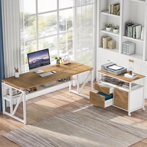 Image of Tribesigns L Shaped Desk with Drawer Cabinet, 63 inch Executive Computer Desk and lateral File Cabinet, 2 Piece Home Office Furniture with Drawers for Hanging, Doors with Locks (Light Walnut, 63 inches)