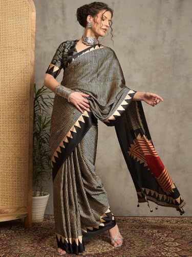 Image of AKHILAM Women's Pure Crepe Striped Printed Saree With Unstitched Blouse Piece