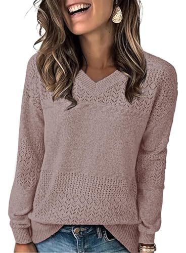 NORACORA Womens Fall Sweaters 2025 V Neck Casual Long Sleeve Ribbed Knit Oversized Pullover Lightweight Crochet Loose Sweater Tops Pink — view 2