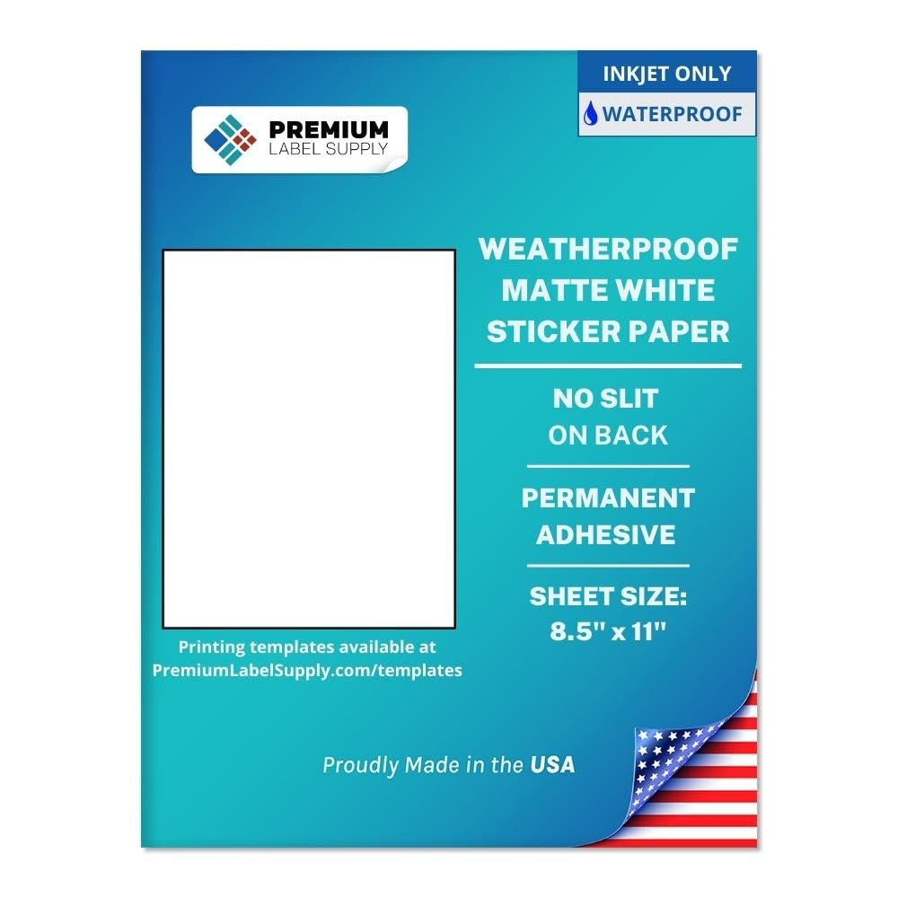 Premium Label Supply Waterproof White Inkjet Sticker Paper – 8.5" x 11" Full Sheet Labels – Inkjet Printers only – Similar to Vinyl – 100 Sheets