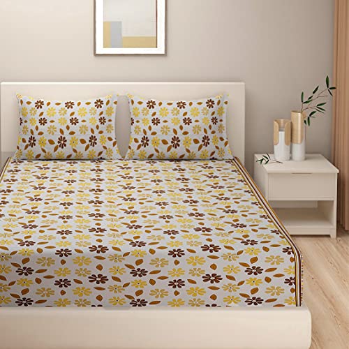 Image of Swayam Pure Cotton Double Bedsheet with 2 Pillow Covers | Size 90 x 100 inch | 160 TC | Floral Design | Soft Breathable Bed Sheet | Comfortable & Durable for Bedroom - Yellow & Brown