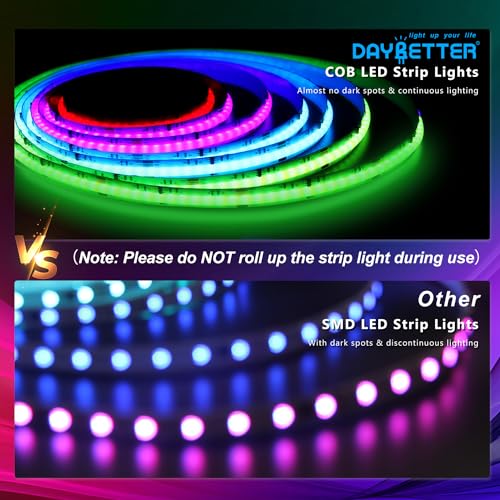 Image of DAYBETTER RGB Smart IC COB LED Strip Lights, High Density Uniform LED Lights with Built-in IC Chips, App-Control, Flexible Dream Color COB Lights with 24V Adapter for Bedroom, Holiday Decor, 32.8ft