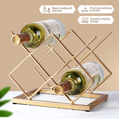 Drincarier Countertop Wine Rack - 5 Bottle Freestanding Modern Gold Metal Small Wine Rack - Tabletop Wine Holder Stand for Cabinet, Pantry, Wine Bottle Storage… - Thumbnail 5