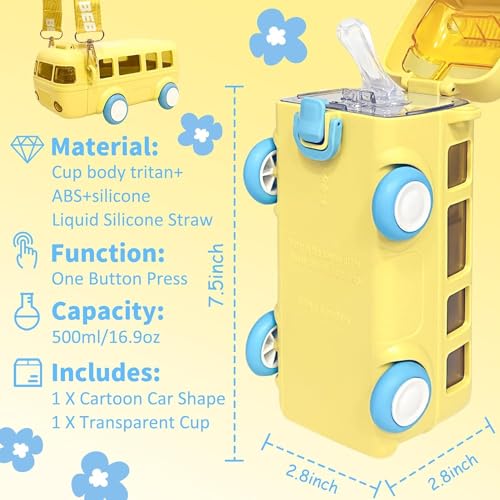 Image of Bus Water Bottle for Kids with Strap, Sipper, and Straw Leakproof, Tritan Water Bottle for School Kids 500ml - Blue,Water Bottle for Girls and Boys (Yellow)
