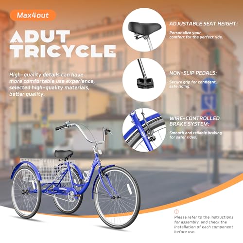 Image of Max4out Adult Tricycle with Large Basket 24 /26 Inch, Stable 3 Wheel Cruise Bicycle for Shopping, Beach and City Trike Perfect for Men, Women, Seniors(Blue /Purple /Red)