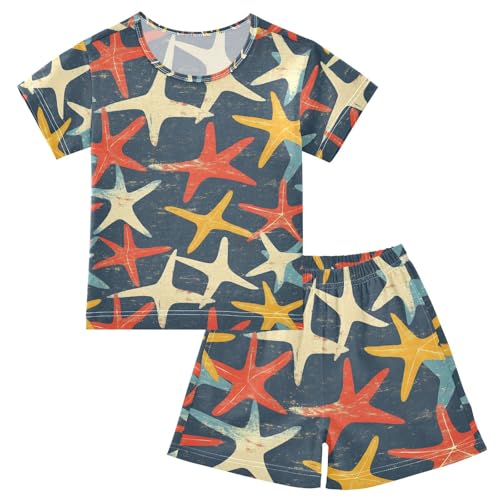 ALAZA Starfish Navy Blue Pajamas Set Short Sleeve Cotton Sleepwear Summer Pjs 2 Piece 5-14Y