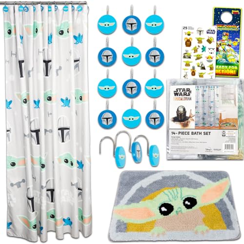 Baby Yoda Shower Curtain - Star Wars Bathroom Decor Bundle Includes 1 Mandalorian Shower Curtain 12 Hooks Bath Rug Stickers More | Baby Yoda Shower Curtain Set