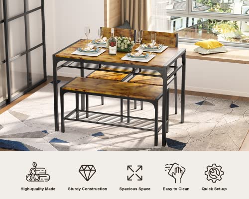 Image of Gizoon Alloy Steel Kitchen Table And 2 Chairs For 4 With Bench, 4 Piece Dining Table Set For Small Space, Apartment (Rustic Brown)