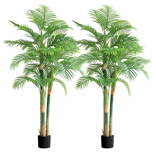 7FT Fake Palm Trees 2pcs, Artificial Golden Cane Palm Tree 84IN, Green Large Tropical Palm Fake...