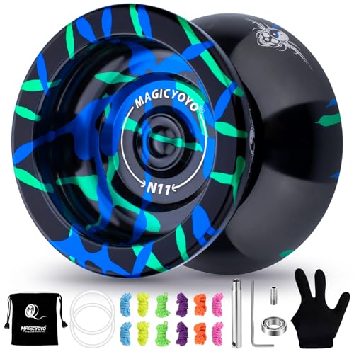Image of MAGICYOYO N11 Professional Unresponsive Yoyo N11 Dual Purpose Alloy Trick YoYo Ball with Bag, Glove, 12 Strings and Responsive Bearing Kit (Black Blue Green)