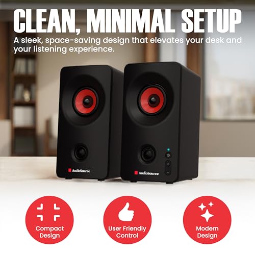 Image of Audiosource Desktop PC Speakers with Bluetooth 5.3, USB-C Plug & Play, 2.0 Stereo Computer Speakers with Dual 2 inch Drivers, Compact Design, AUX Input, LED Indicator (Black)