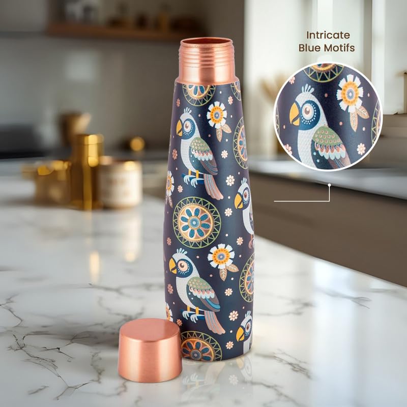 Image of Copper Bottle | Bird Motif | UV Printed Design | Pure Copper Water Bottle for Health & Wellness | 900 ml Capacity