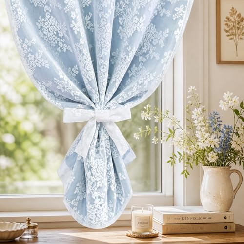 Image of Yinhua Blue Kitchen Curtains 36 Inch Length Double Layer Blackout Cafe Curtains with Floral Sheer Overlay Rod Pocket Short Curtain for Windows, Small Window Curtain for Bathroom, Living Room, 2 Panels