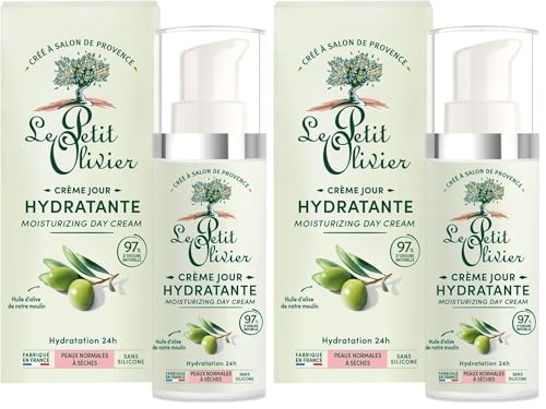 LE PETIT OLIVIER - Soin De Jour - Hydratant - Huile d'Olive - Peaux Normales à Sèches - 97% D'Origine Naturelle - Sans Silicone - Fabriqué en France - 50 ml (Lot de 2)