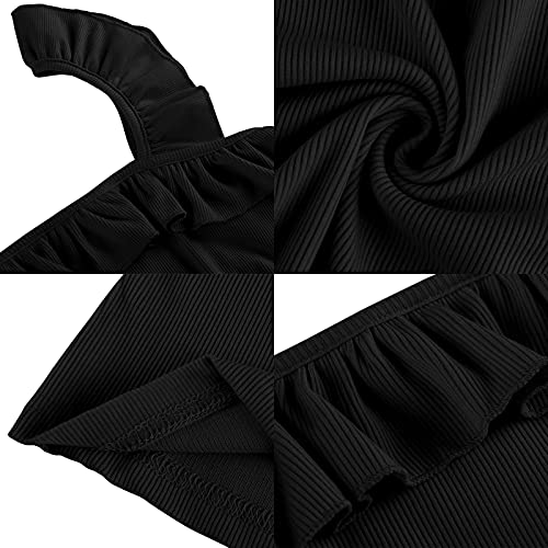 Womens Sleeveless Tank Tops Ruffle Strap Square Neck Solid Color Camisoles Tops Black #TOP3