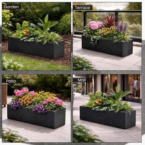 Image of Go Hooked Recta R Black Planter Pot (21x8 Inch) | Big Size Outdoor & Indoor Pot for Plants | Modern Design Lightweight & Durable Rectangle Polymer Flower Pot for Balcony, Terrace & Garden