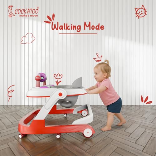 Image of Cockatoo First Move 3-in-1 Baby Walker - Adjustable Height (3 Levels), Rocker, Push & Activity Walker with Musical Toy Tray & Light, 6 Lockable Wheels, Foldable, Safe for 6-18 Months, up to 15kg Red