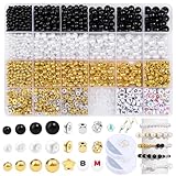 JADVY 1800pcs Pearl Beads for Jewelry Making Kit with Spacer Beads, Black/White/Gold Pearl Beads for Bracelets, Necklaces, Earrings, DIY Pearls Bracelet Making Kit, Pearl Beads & Bead Assortments