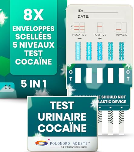 ADESTE 5-en-1 Test de Dépistage de Cocaïne | Rapide et précis en 5 minutes | Détection à 5 niveaux (50–600 ng/mL) | Test cocaïne facile à utiliser, sans labo ni équipement | 8 tests