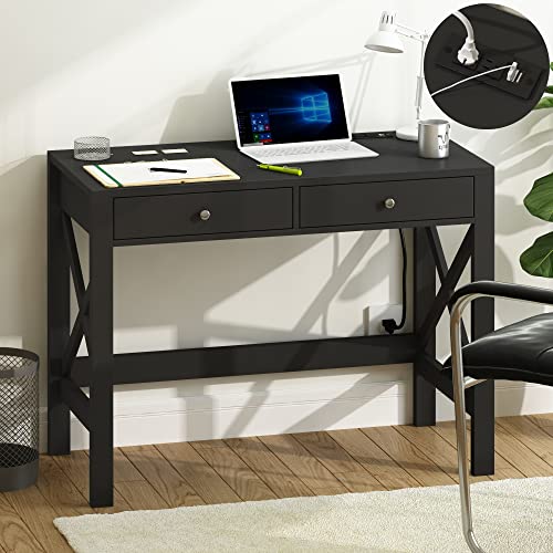 Choochoo Computer Desk With Usb Charging Ports And Power Outlets, 39" Black Desk With Drawers, Small Study Writing Table With Stable X Frame For Home Office #TOP5