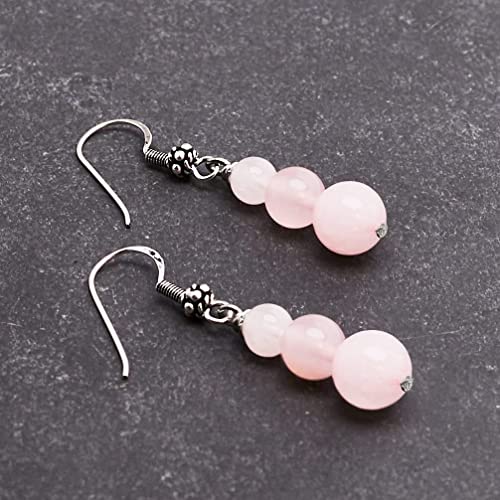 Vn Jewelry Handmade Women's Natural Gemstone Triple Beads And Sterling Silver Dangle Drop Earrings | Gemstone Beaded Dangle Earrings Gift Ideas For Women, Girls (Pink Rose Quartz) #TOP2
