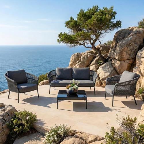 Image of Amazon Brand - Solimo Solix Outdoor Rope Sofa Set | Balcony Sofa | Patio Conversation Sets | Braided Rope Garden Sofa Set and Center Table (4 Seater- Dark Grey)