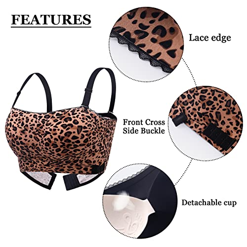 Women Strapless Bralette Cross Front Side Buckle Bandeau Bra Push Up Seamless Minimizer Convertible Plus Size Bralette Soft Breathable Everyday Bra Yellow Leopard #TOP1