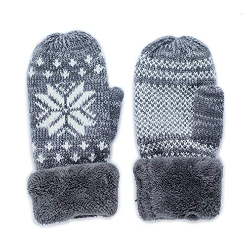 [GlovesDEPO] 超売れ筋No1 あったかレディースニット雪柄ミトン手袋 内ボア中5本指 チャコールグレー F