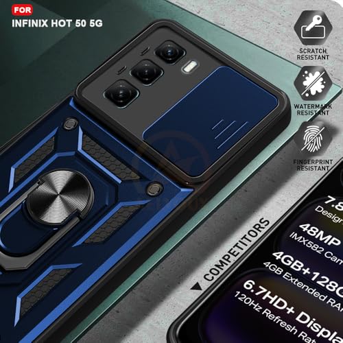 Image of Armor Bumper Back Cover Case for Infinix Hot 50 5G | Rotating Camera Cover, Ring Holder & Kickstand | Heavy Duty & 360 Degree Protection Infinix Hot 50 5G Back Cover (Blue)