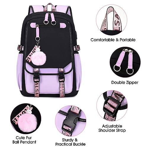 Bevalsa Schulrucksack Mädchen Teenager Schulranzen mit Schultaschen Set, Freizeit Rucksack Groß 20L Wasserdicht School Bag Backpack Casual Daypacks für Kinder Mädchen Teenager Damen (Violett)