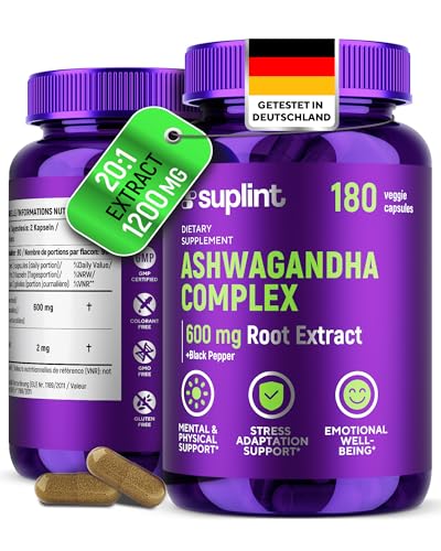 Ashwagandha in Kapseln – Wurzelextrakt 20:1 = 12.000 mg reines Ashwagandha-Wurzelpulver pro Portion mit 5% Withanoliden – Hohe Konzentration – 180 Vegane Kapseln (1 Pack)