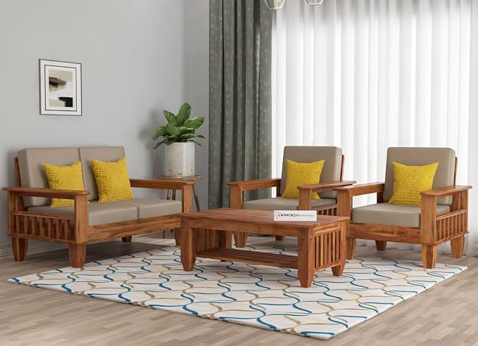 Image of Sheesham Wooden 4 Seater Sofa for Living Room | Rosewood 4 Seater Cushion Sofa with Side Newspaper Holder for Home & Office | Solid Wood Sofa Set for Lounge (Honey,2+1+1 Seater)