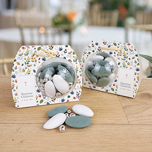 Boîtes à dragées ballotin bapteme communion mariage boule 6cm ''Fleurs des champs'' personnalisée avec votre texte lot de 4