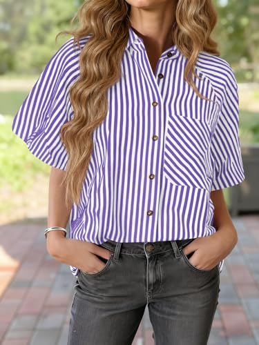 Image of Tankaneo Womens Short Puff Sleeve Button Down Shirts Striped Trendy Casual Loose Fit Blouse V Neck Collared Tops