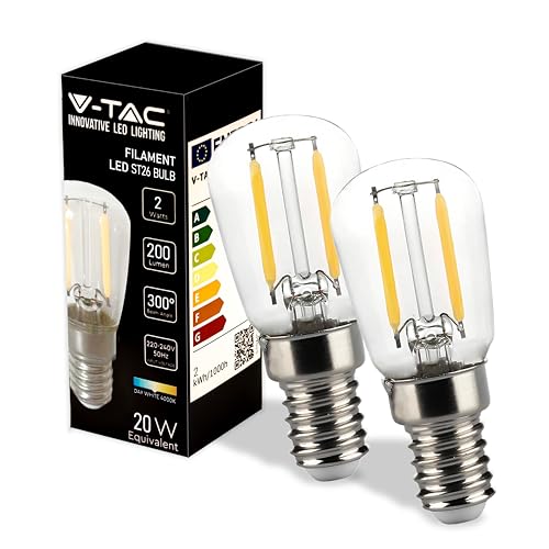 V-TAC Bombilla LED Filamento para Nevera y Lámparas - E14-2W - 200 Lumen - Pequeñas Bombillas LED T26 para Máxima Eficiencia y Ahorro Energético - Blanco Neutro 4000K